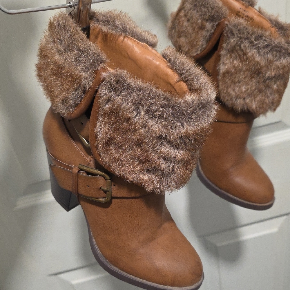JustFab McKinley Brown Block 3 Inch Heel Boots with Faux Fur Cuff